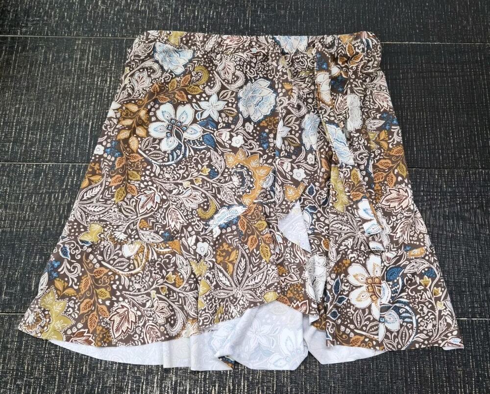 Size XL Earthbound Brown & Teal Bohemian Floral Asymmetrical Ruffle Flare Skirt